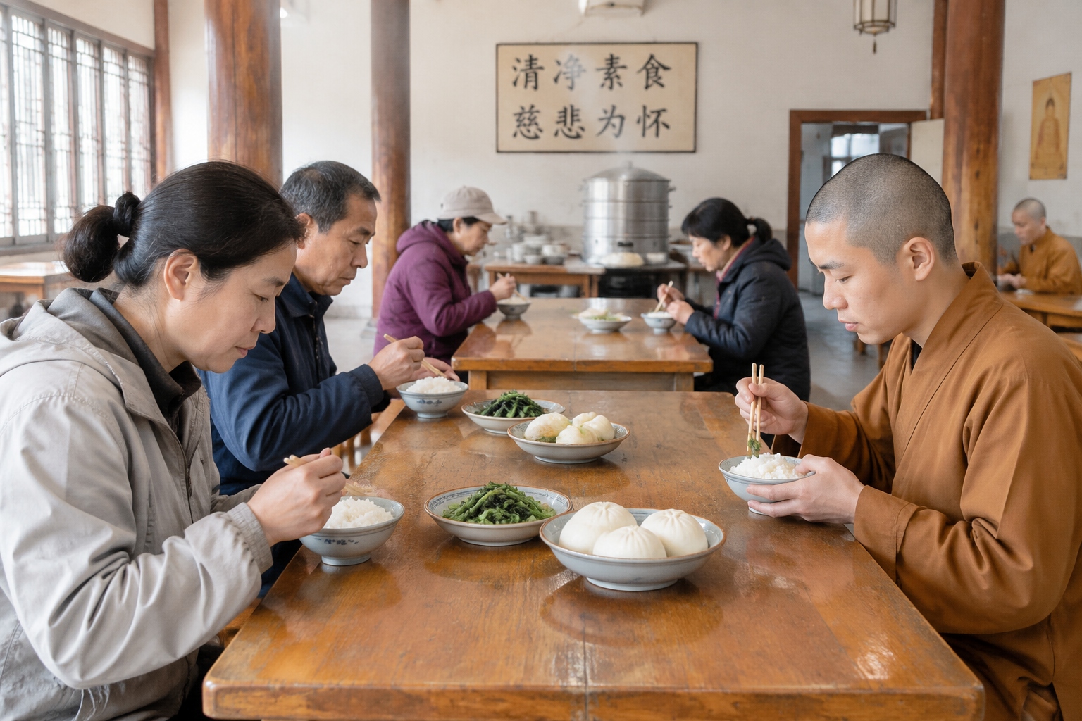 Pilgrims eating a silent vegetarian meal of rice, steamed buns and greens in a temple dining hall on Mount Wutai, China