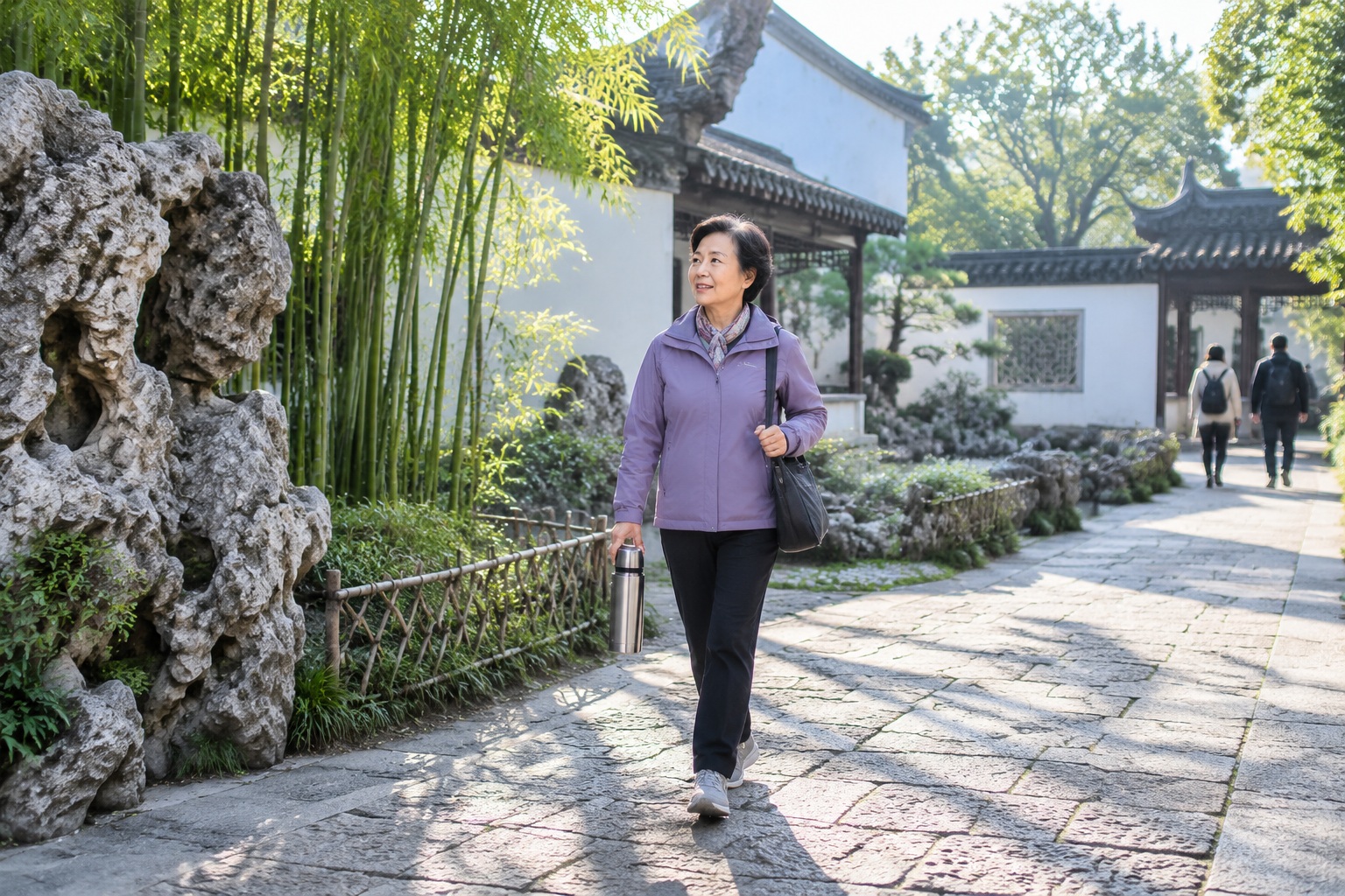 A woman carrying a thermos walks a stone path through a Suzhou garden in the early morning, with few other visitors around