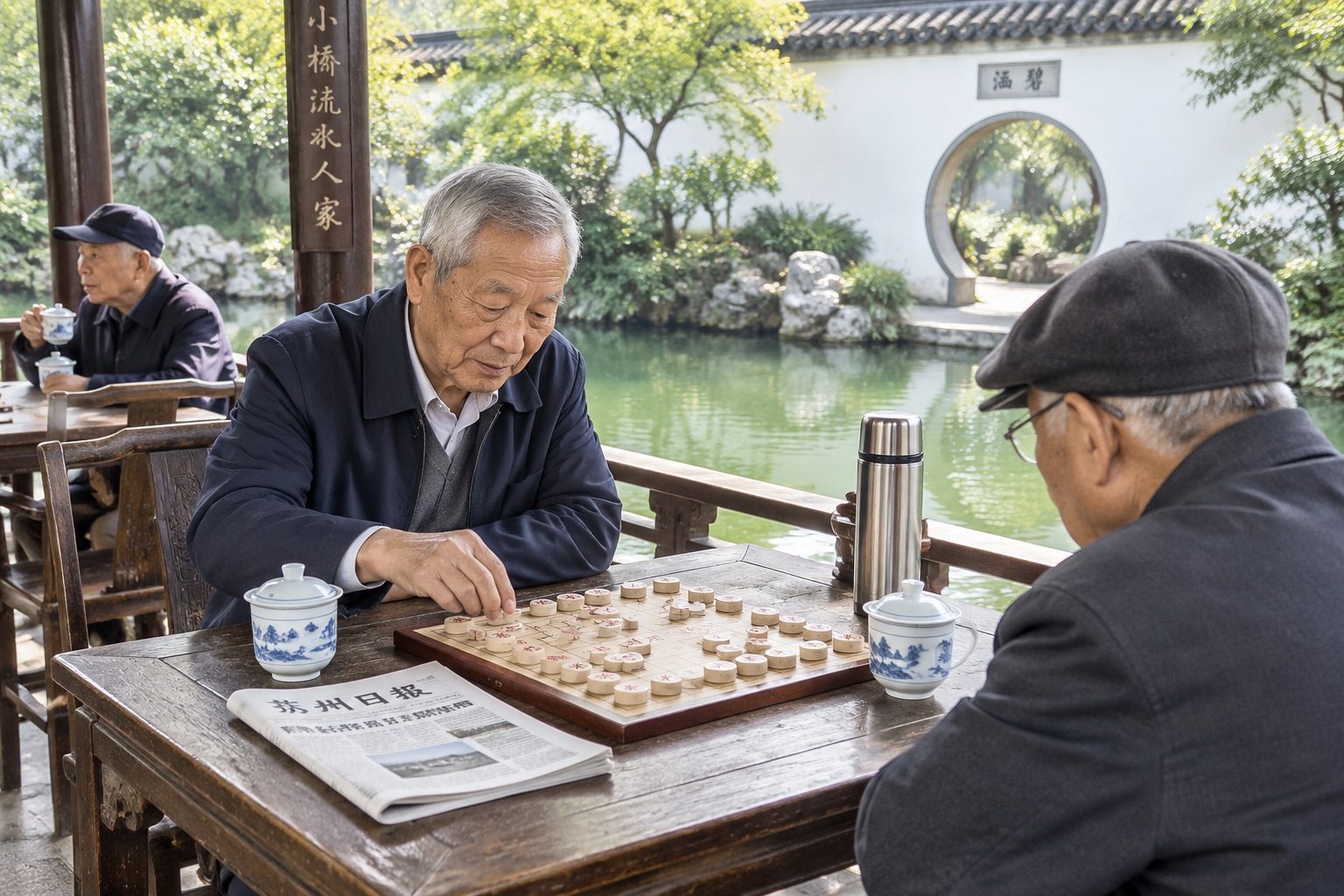 Elderly locals drinking tea and playing chess at a pond-side teahouse in a small Suzhou garden in the afternoon