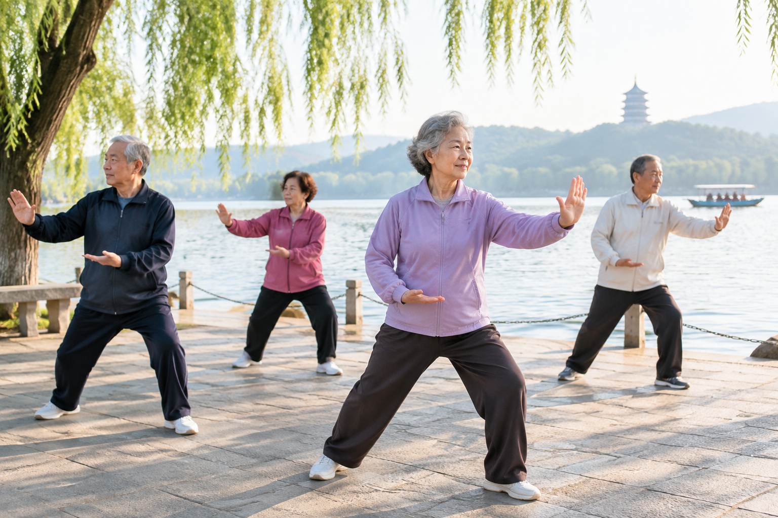 Elderly residents doing morning tai chi and exercise along the West Lake waterfront in Hangzhou