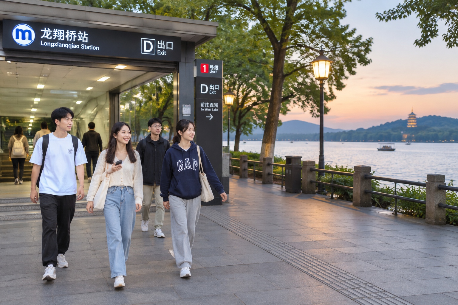 Young commuters walking from Longxiangqiao metro station toward West Lake in Hangzhou at dusk
