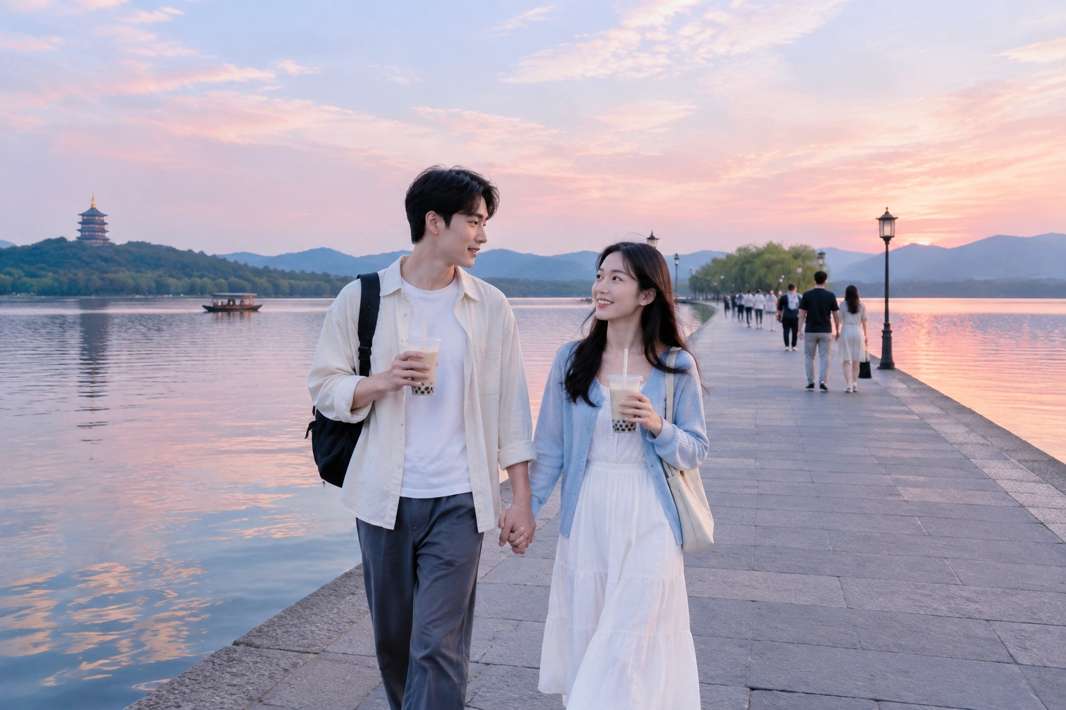 A young couple walking hand in hand along Bai Causeway at West Lake in Hangzhou, sharing milk tea at dusk