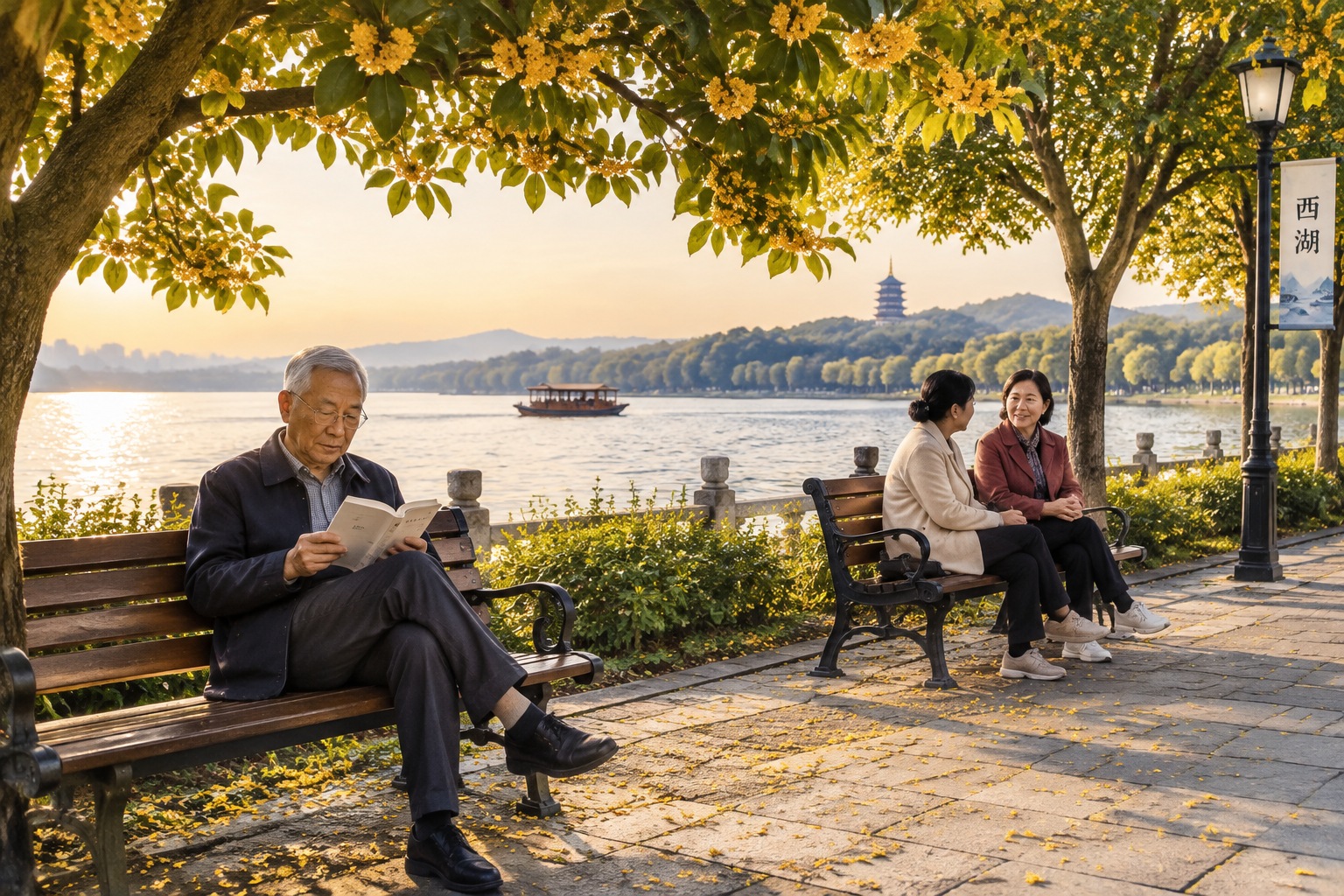 An autumn scene at West Lake with people sitting under osmanthus trees on benches, reading and chatting