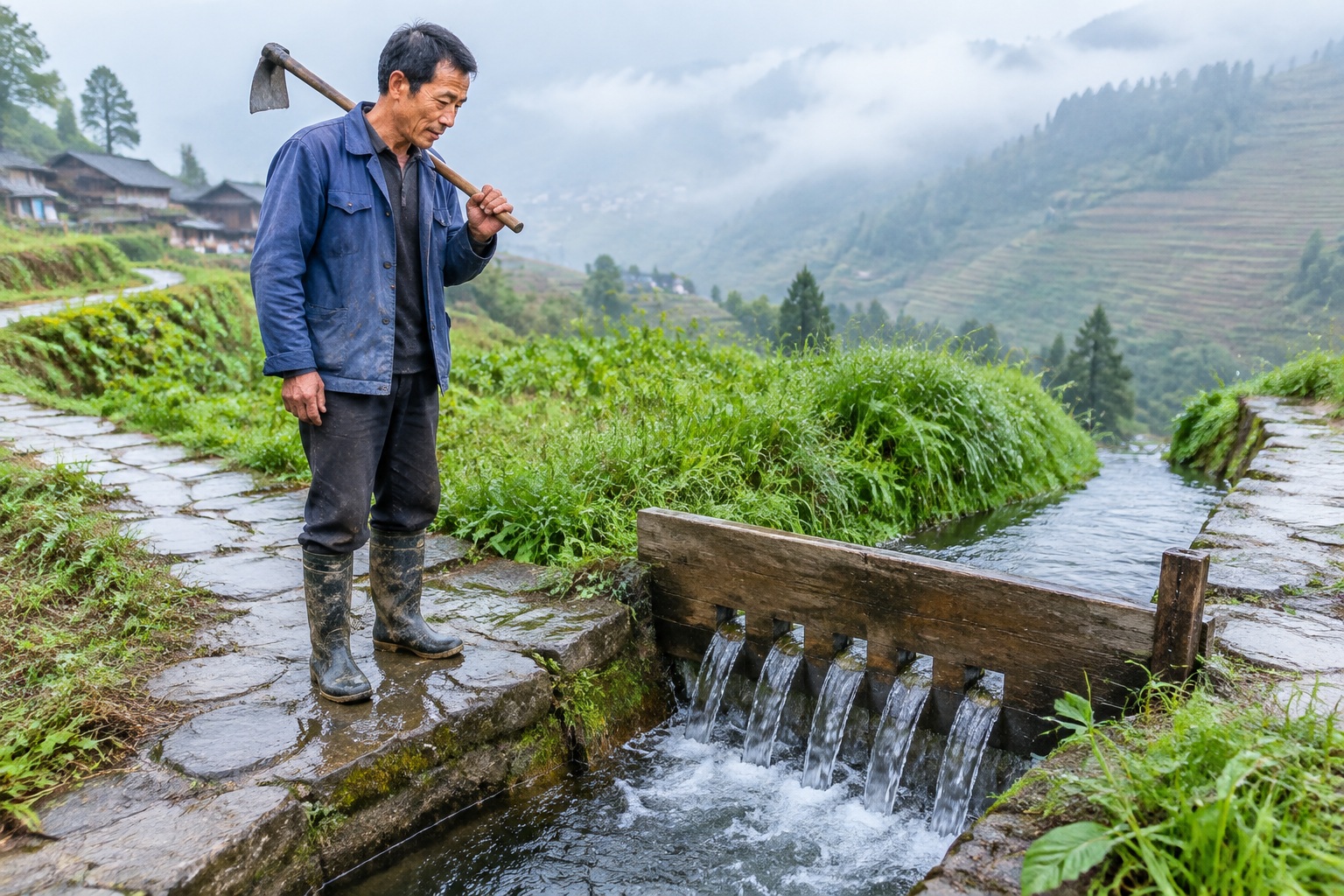 A Hani villager in rubber boots and a blue jacket stands at a fork in a narrow irrigation channel in Yuanyang, Yunnan, watching water flow through the notches of a wooden board used to divide water among households.