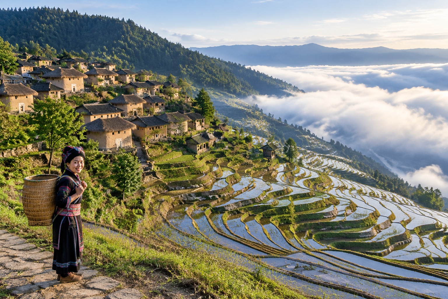 Wide view of the Honghe Hani Rice Terraces in Yunnan showing the layered system of forest on the ridge, a village of mud houses in the middle, and flooded rice terraces stepping down toward a cloud-filled river valley.