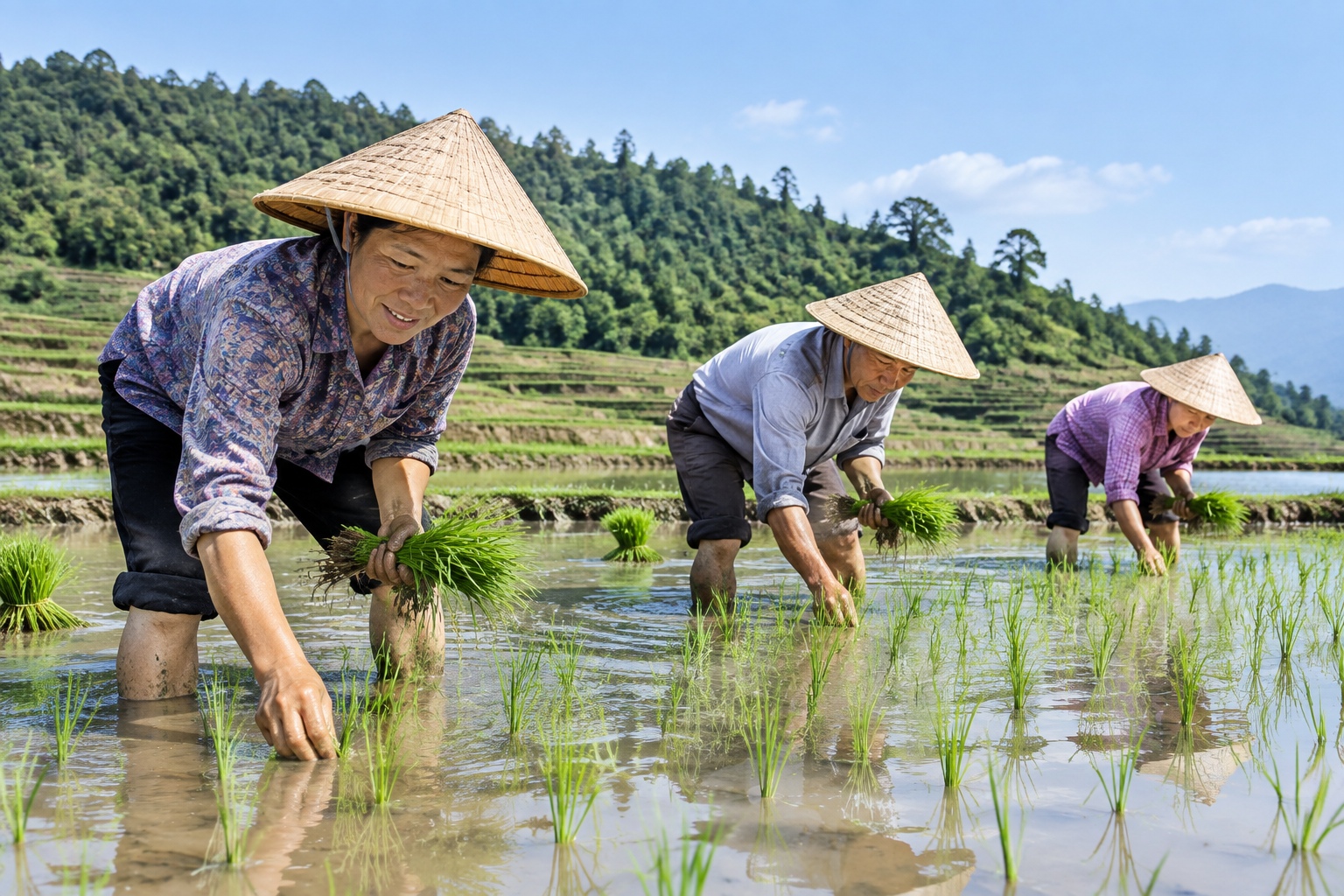 Farmers bent over in ankle-deep water plant rice seedlings by hand in flooded terraces in Yuanyang, Yunnan, with a forested ridge and reflecting paddies behind them.