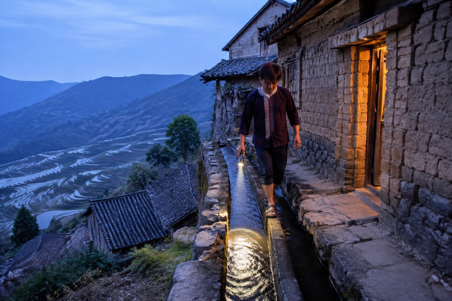 At dusk in a Hani village in Yunnan, a man walks a narrow irrigation channel behind the houses with a flashlight, checking the water flow after a household reported a thin supply.