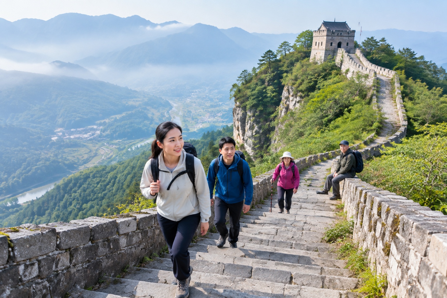Visitors climbing a stone staircase beside the ancient defensive wall of Hailongtun fortress on a forested ridge in Guizhou, China
