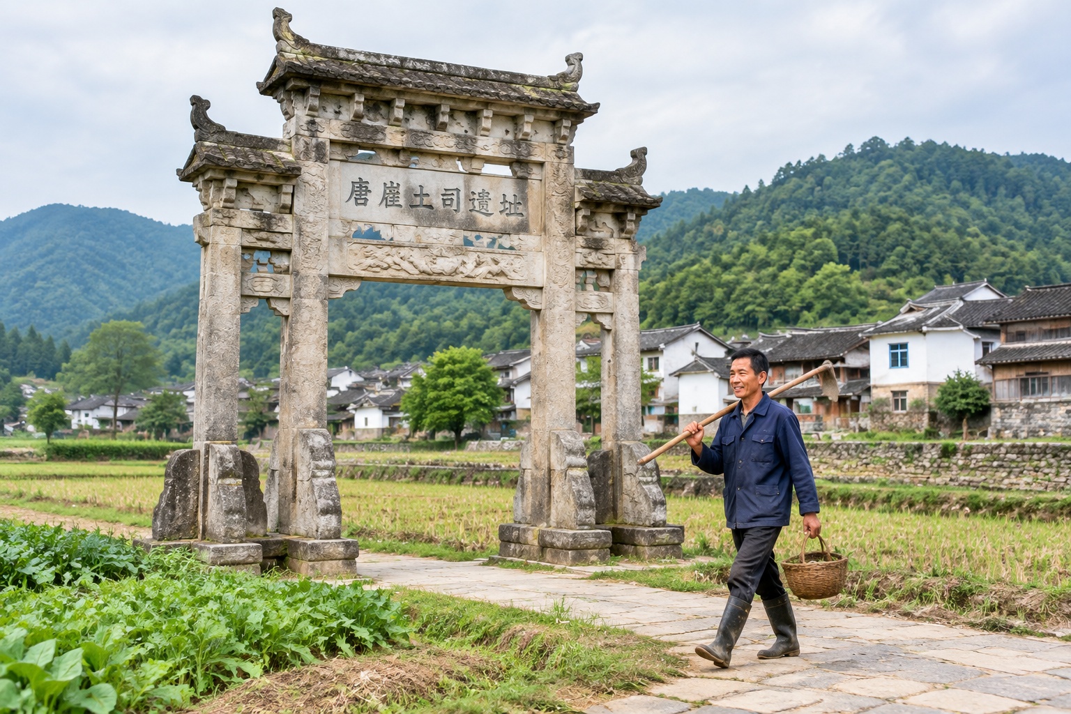 A carved stone archway of the Tangya Tusi site standing beside farm fields and village houses in Xianfeng county, Hubei, China