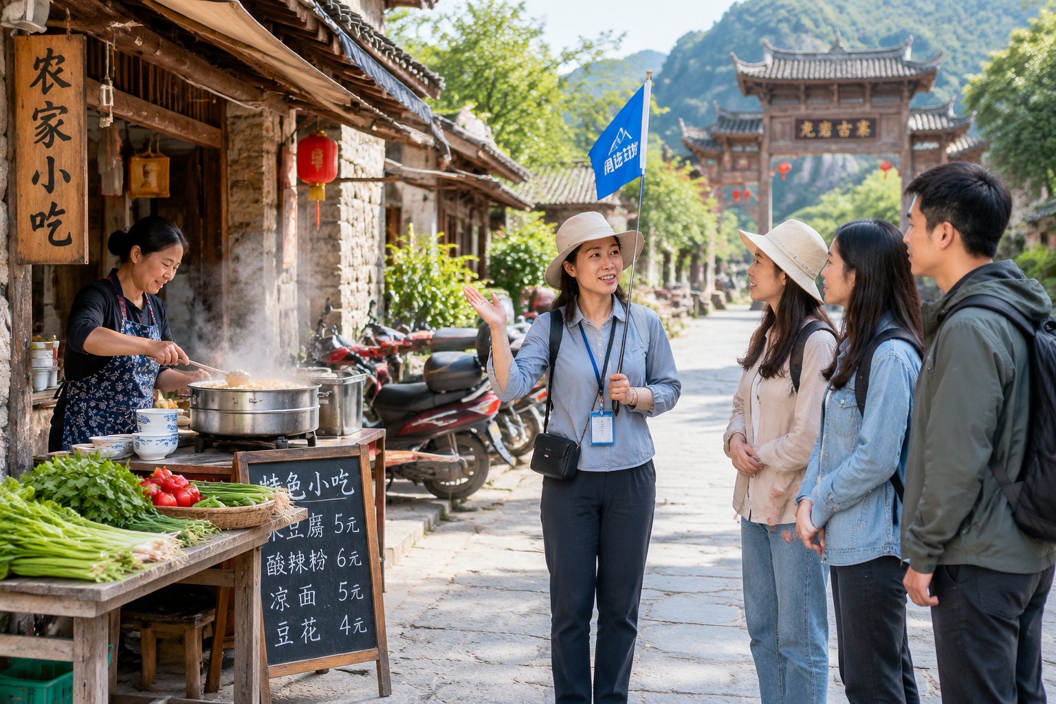 A village snack stall and small guesthouses near a Tusi heritage site in southwest China, with a local guide talking to tourists