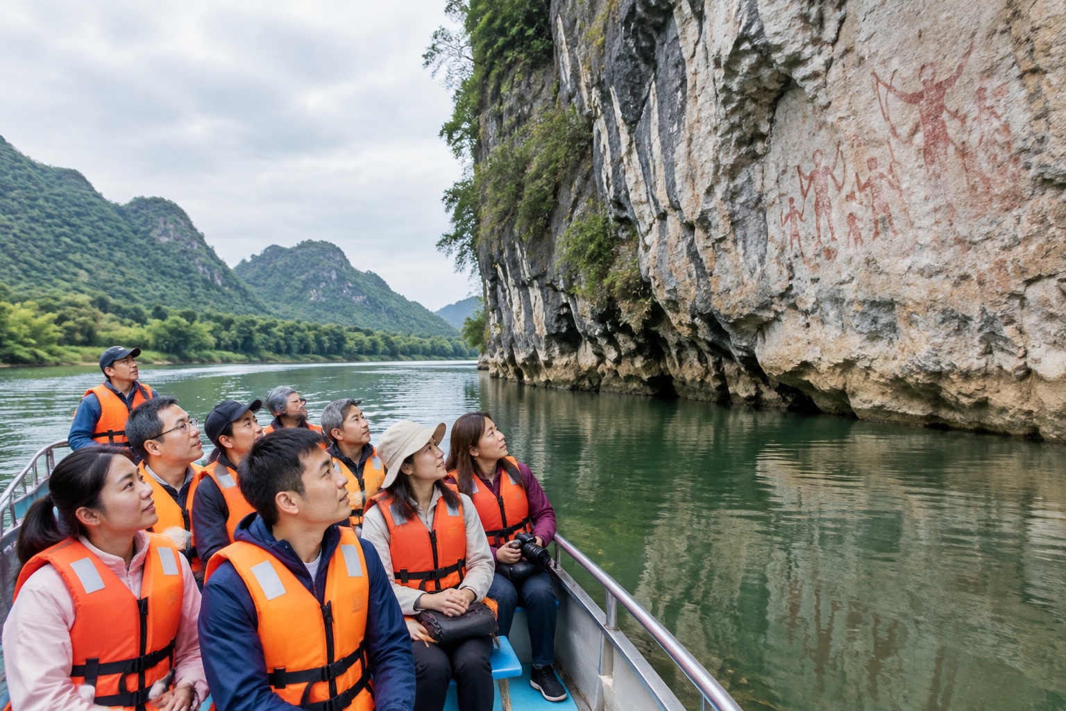 Visitors in life jackets on a small tour boat looking up at the painted Huashan cliff above the Zuo River in Guangxi, China
