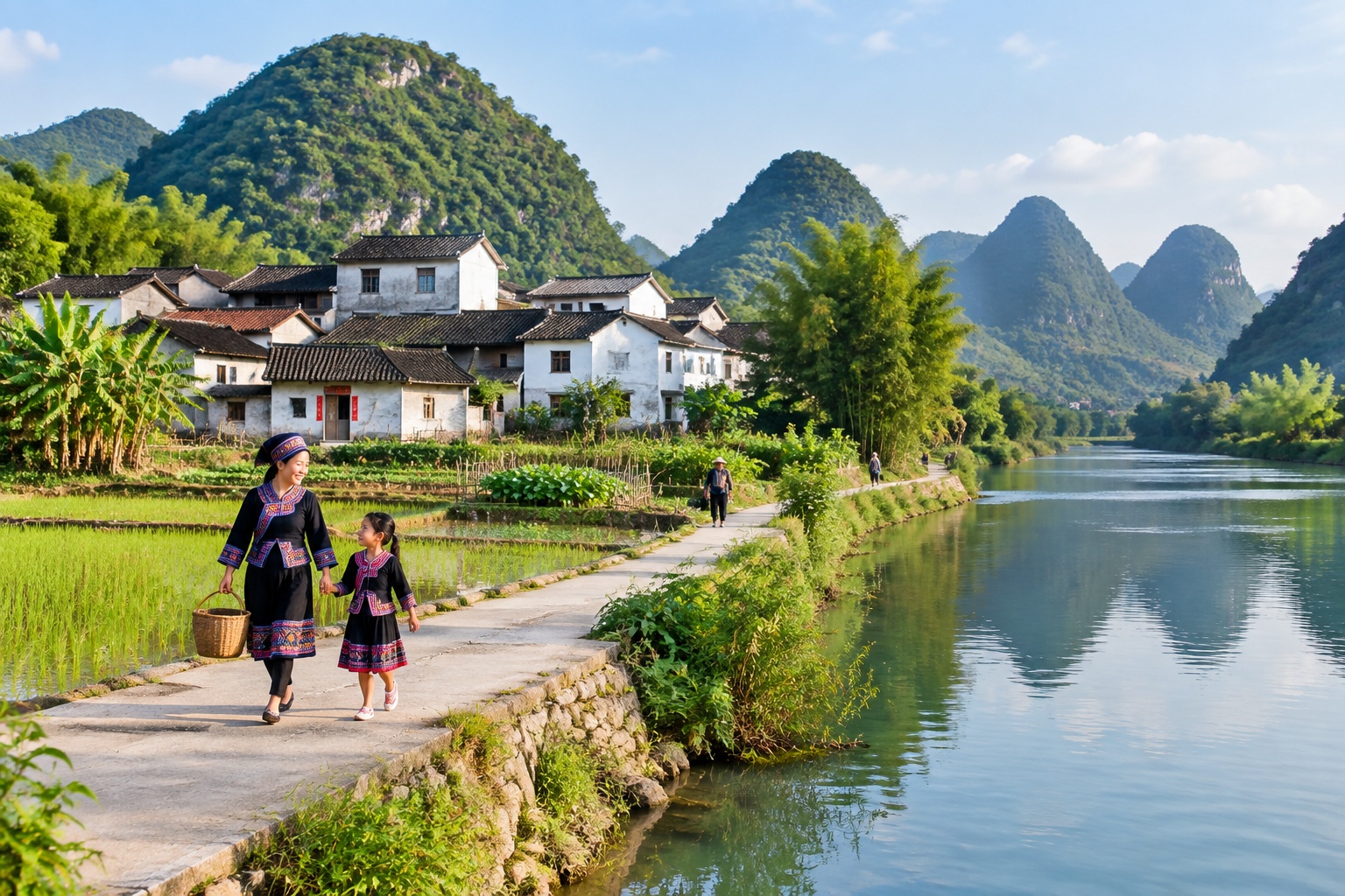 A Zhuang village with low houses and rice paddies beside the Zuo River, surrounded by rounded green karst hills in Guangxi, China