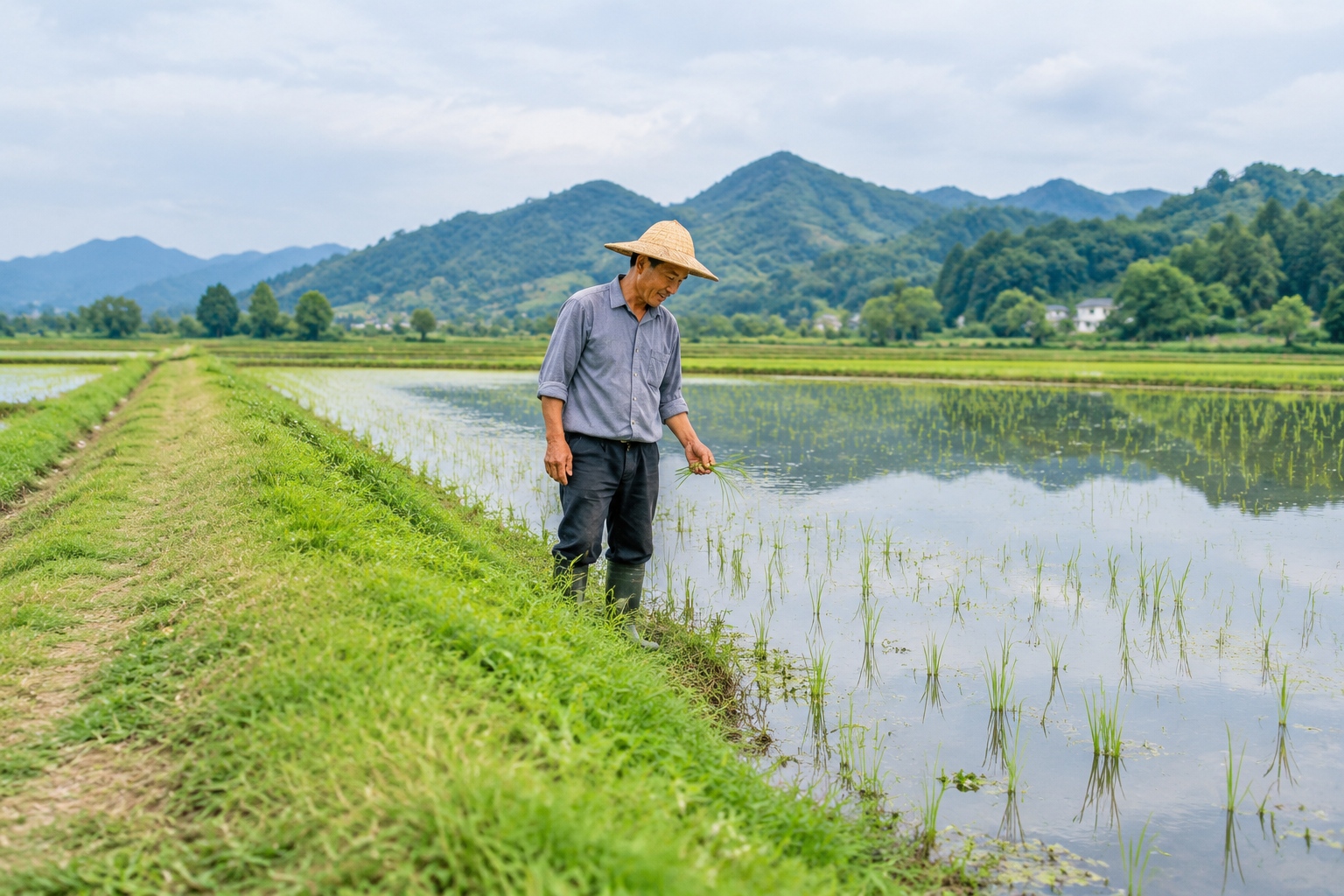 A farmer standing beside flooded rice paddies below a grass-covered ancient earthen levee in Zhejiang province, China