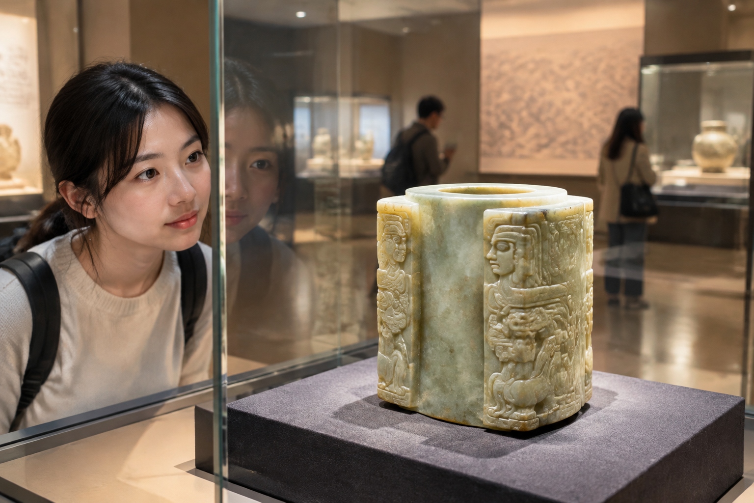 A carved Neolithic jade cong tube from Liangzhu displayed in a glass case in a Chinese museum gallery