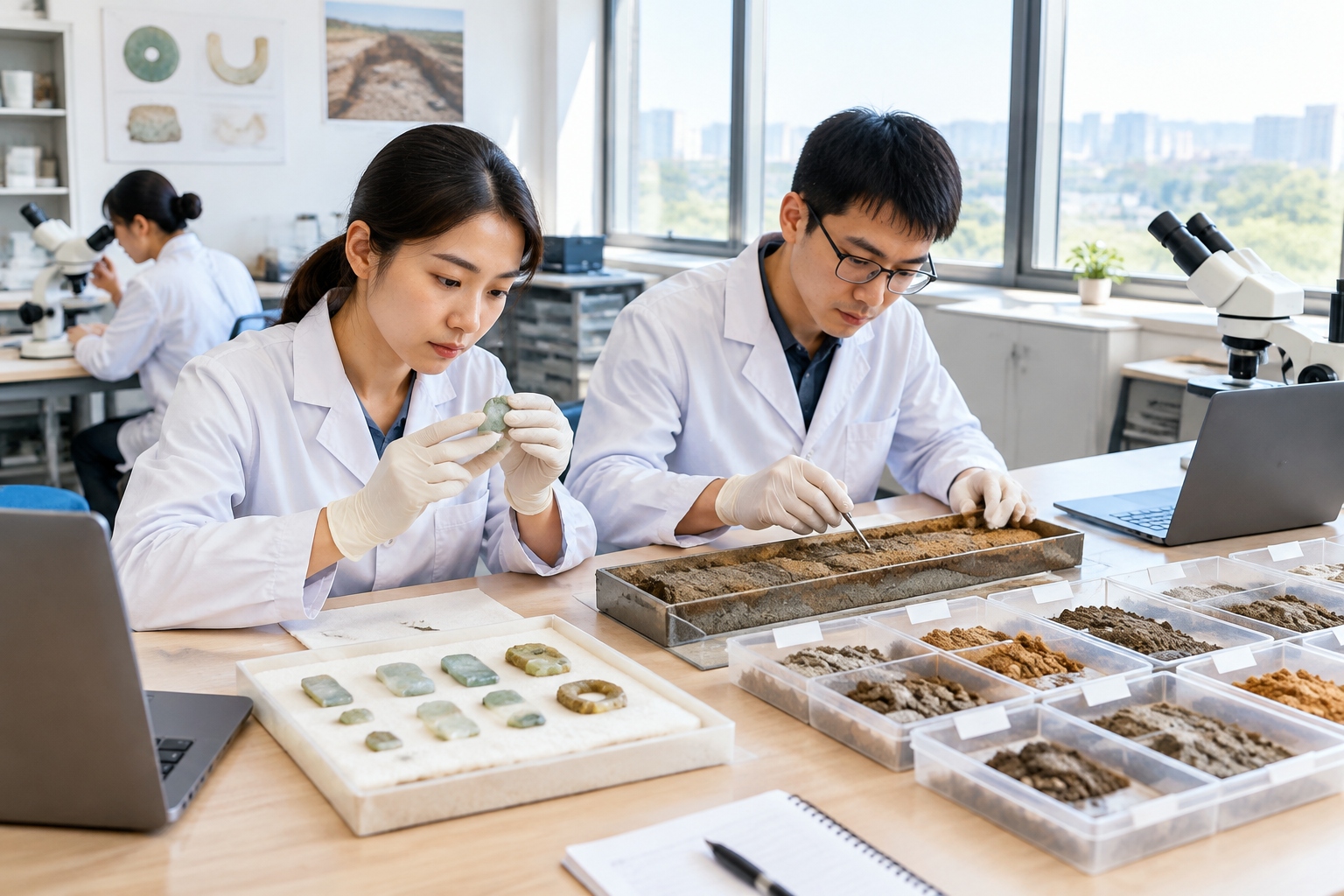 Researchers examining soil cores and jade fragments on a table in a modern archaeology laboratory in Zhejiang, China