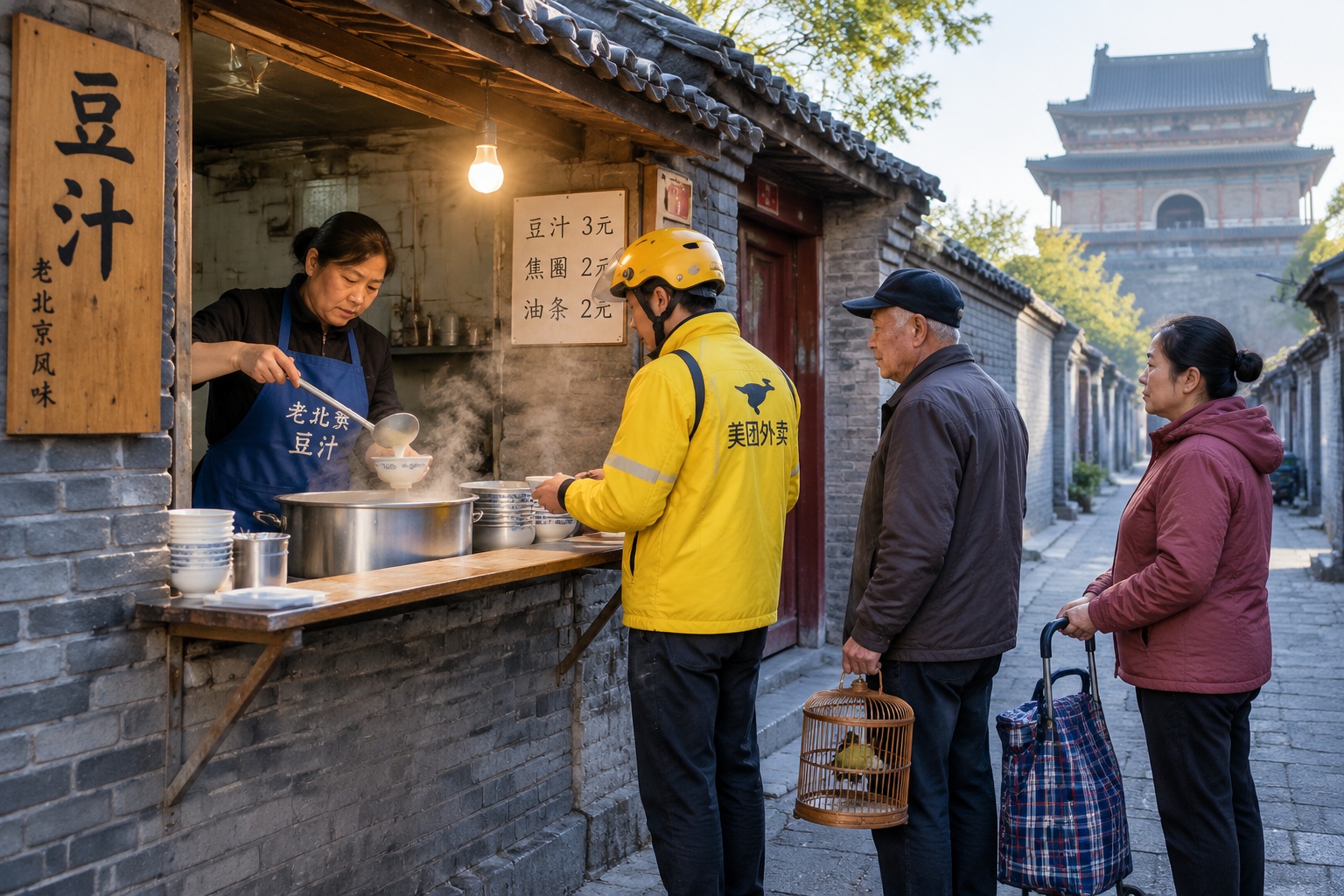 Early morning breakfast stall in a Beijing hutong near the Drum Tower, with a vendor serving customers including a delivery rider and an older man
