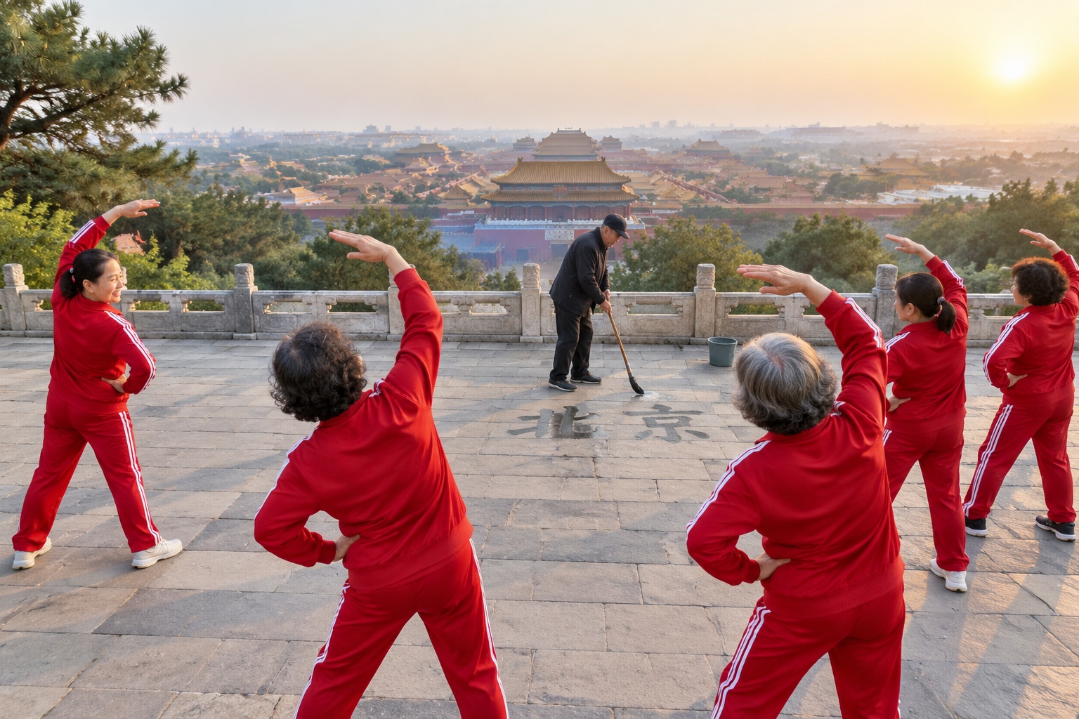 Retirees doing morning exercises and water calligraphy on Jingshan hill in Beijing with the Forbidden City roofs below