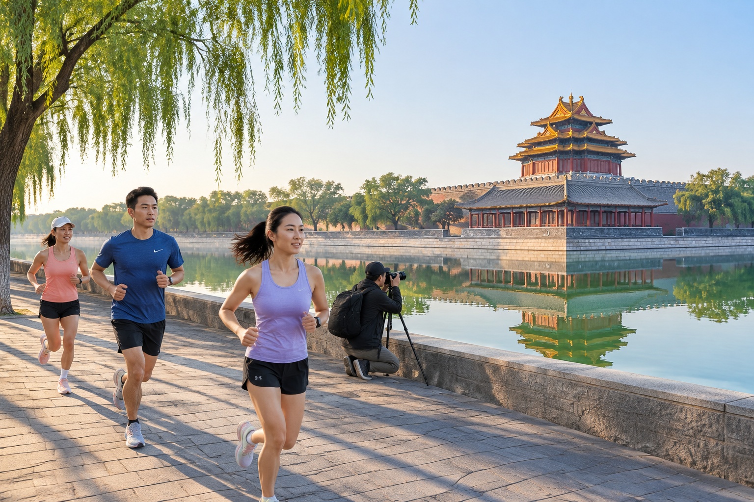 Runners and a photographer at sunrise along the Forbidden City moat in Beijing with the corner tower reflected in the water