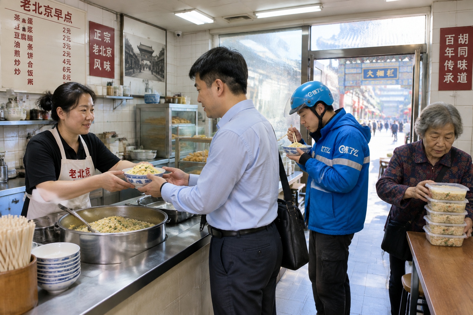 Customers eating traditional Beijing breakfast such as chaogan at a busy counter near Qianmen in the early morning