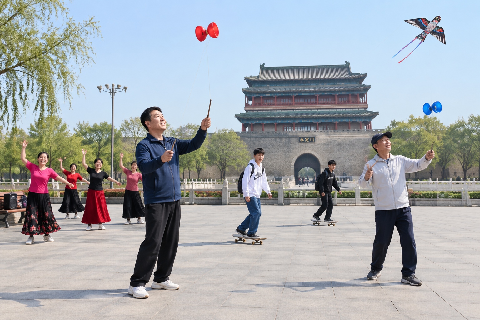 Morning exercisers flying kites, dancing and playing diabolo in Yongdingmen Park in southern Beijing near the rebuilt gate