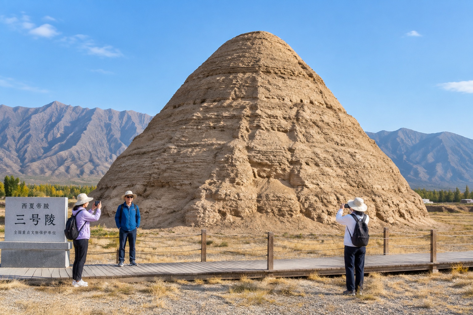 Visitors on a wooden boardwalk photographing the largest rammed-earth tomb tower at the Western Xia Imperial Tombs in Ningxia, China, with the Helan Mountains behind