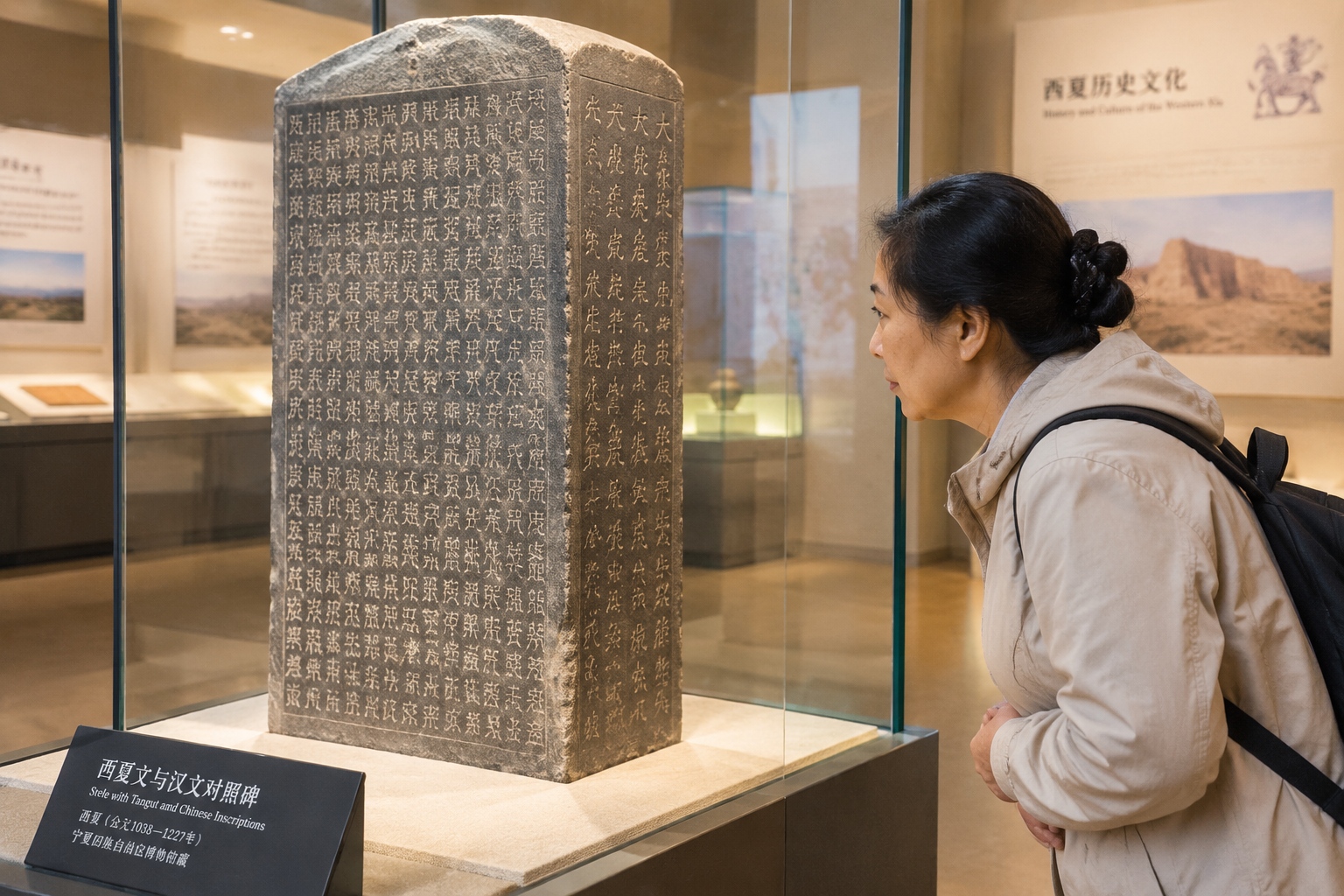 A bilingual stone stele carved with Tangut script on one side and Chinese characters on the other, on display in the Western Xia Museum in Yinchuan, China