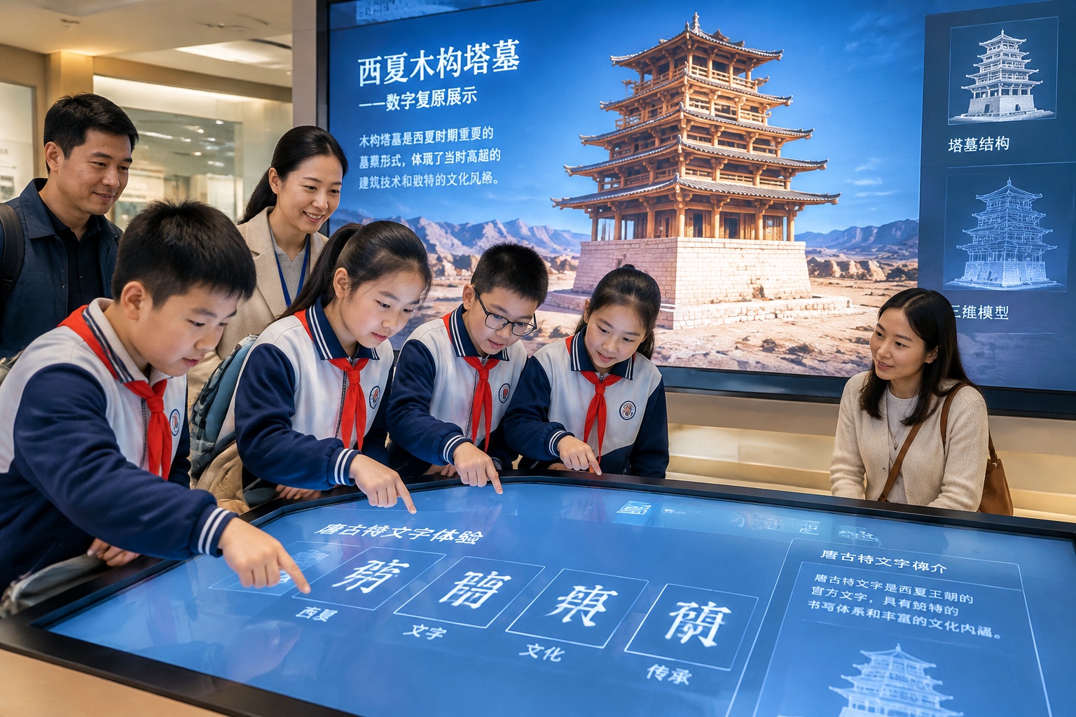 Chinese schoolchildren tapping Tangut characters on a touchscreen beside a digital reconstruction of a Western Xia tomb pagoda in the Yinchuan museum