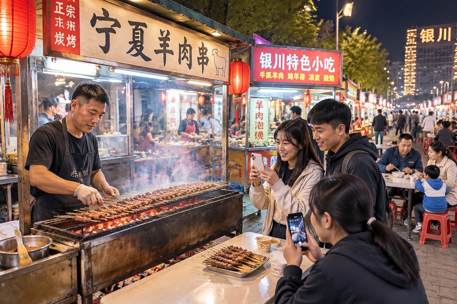 Stallholders grilling lamb skewers at a crowded night market in Yinchuan, China, with young people filming their food on smartphones
