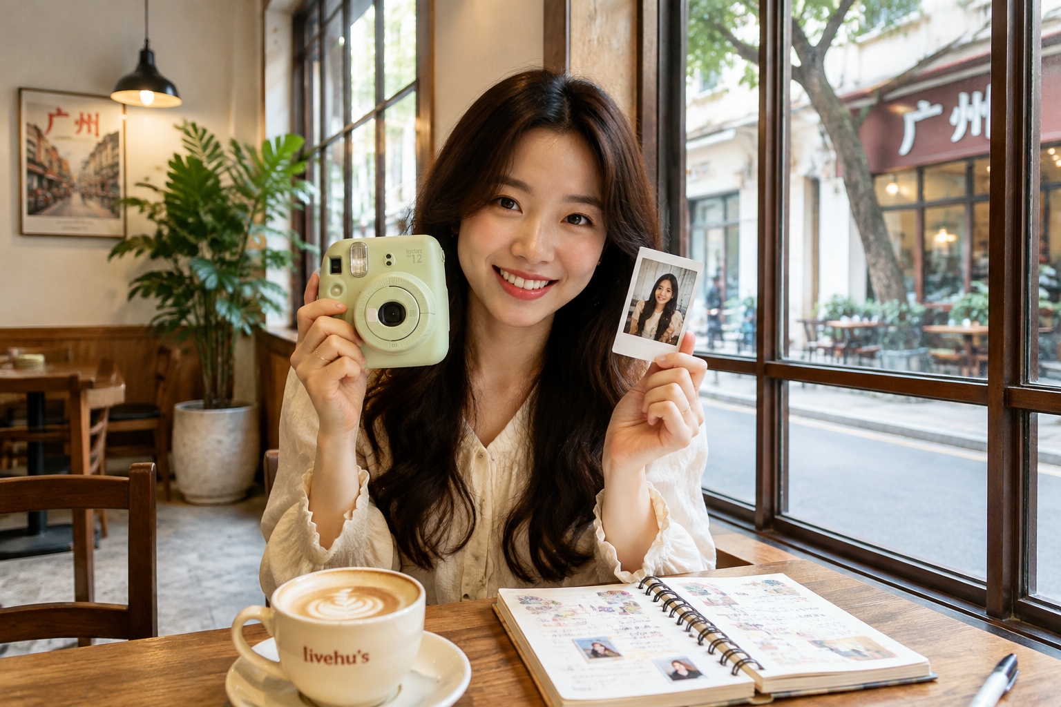 The Comeback of the Polaroid Camera in the Age of Digital Perfection 22 Young woman with Fujifilm Instax mini camera and instant photo in a cafe in Guangzhou, China