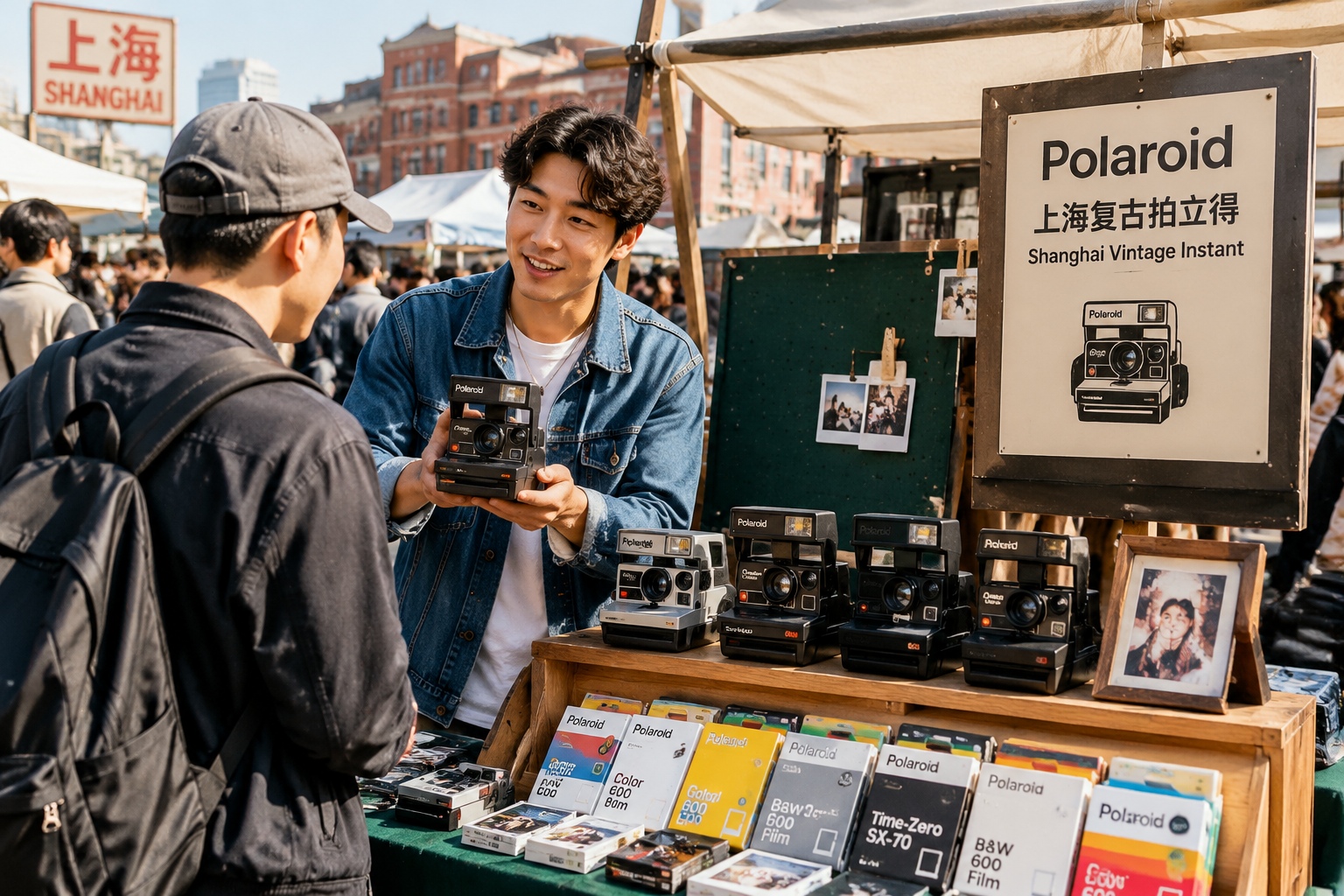 The Comeback of the Polaroid Camera in the Age of Digital Perfection 24 Vintage Polaroid cameras for sale at a Shanghai flea market with young vendor and customer