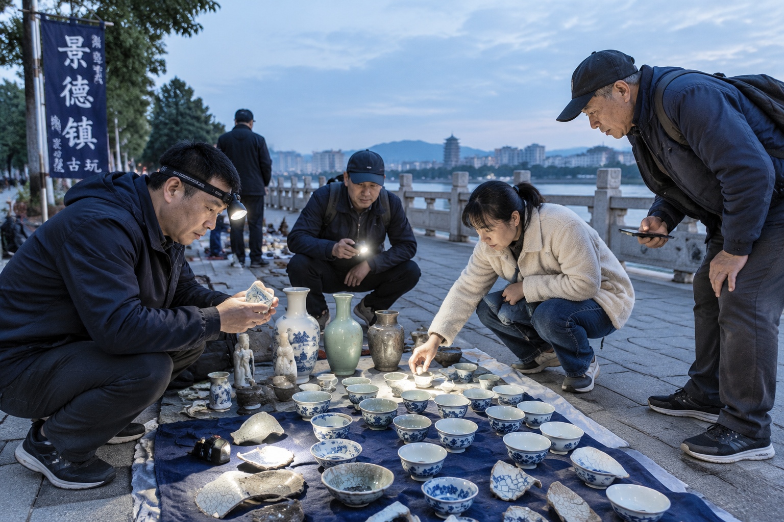 Vendors and buyers inspecting porcelain cups and broken ceramic pieces at a pre-dawn outdoor flea market on a Jingdezhen pavement lit by headlamps