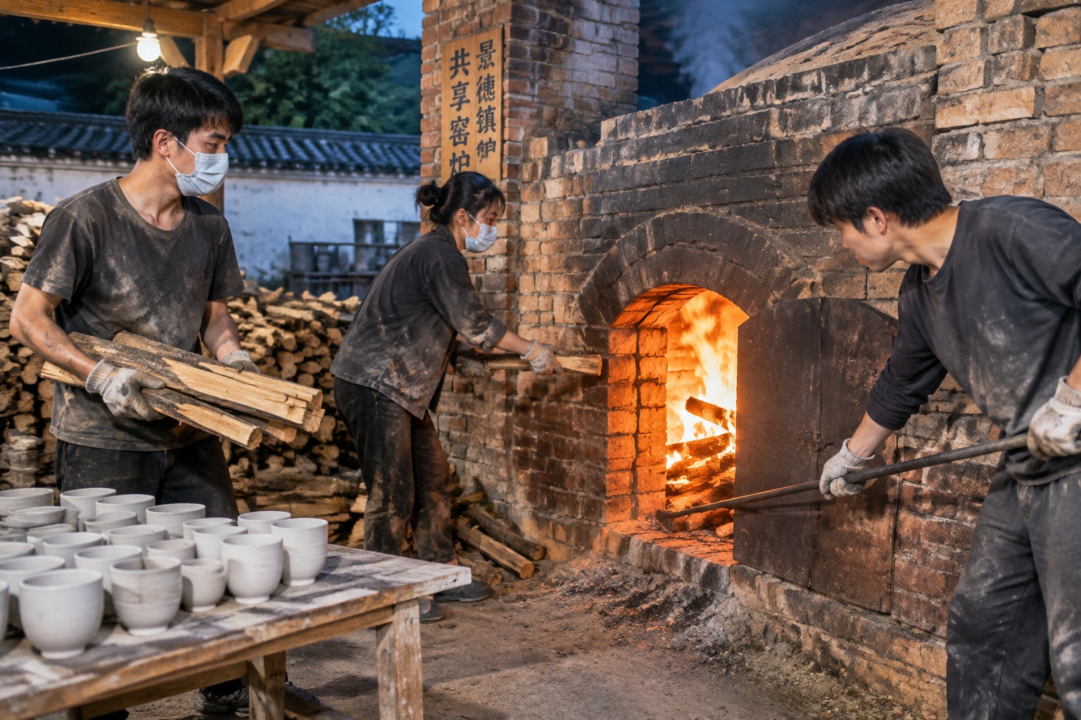 Young ceramicists feeding wood into a shared brick kiln at night in Jingdezhen while others check the fire with iron rods