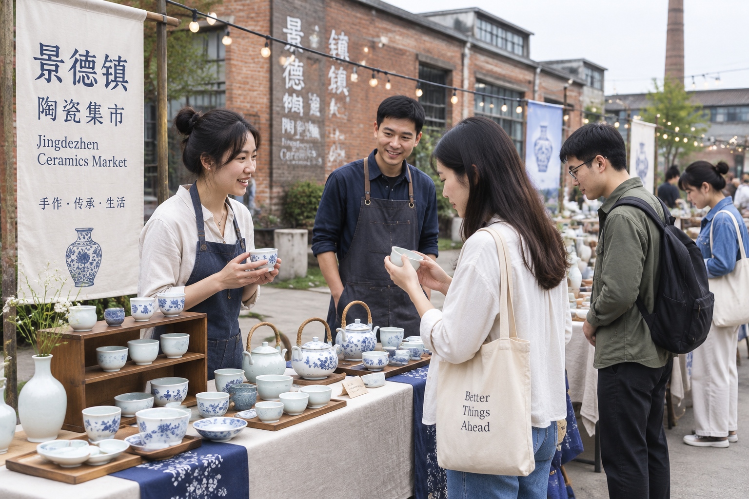 Young ceramic makers selling handmade porcelain cups and teapots from folding tables at a weekend market in Jingdezhen with shoppers browsing