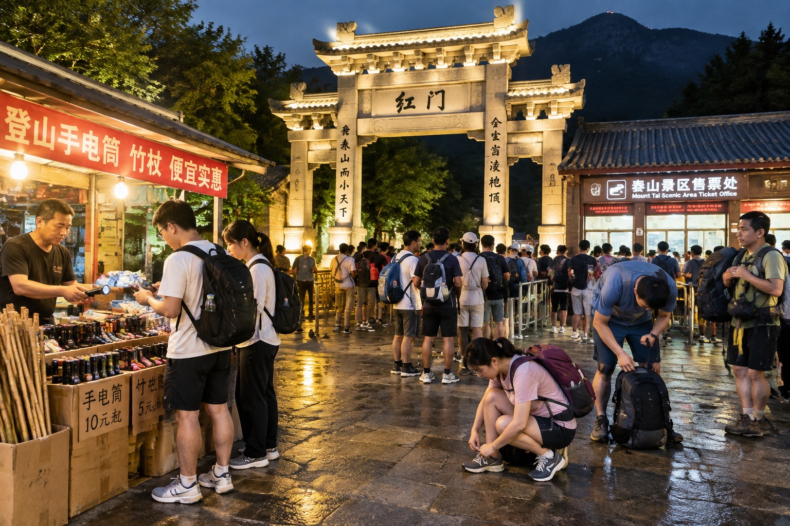 Night hikers queuing at the Red Gate entrance of Mount Tai in Shandong, China, buying flashlights and walking sticks before starting the climb