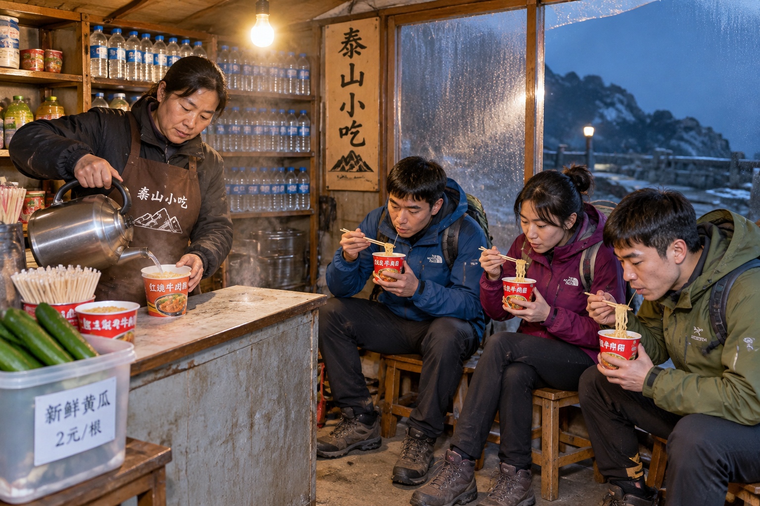 A mountain vendor pouring hot water into instant noodle cups for tired night climbers at a snack stall on Mount Tai