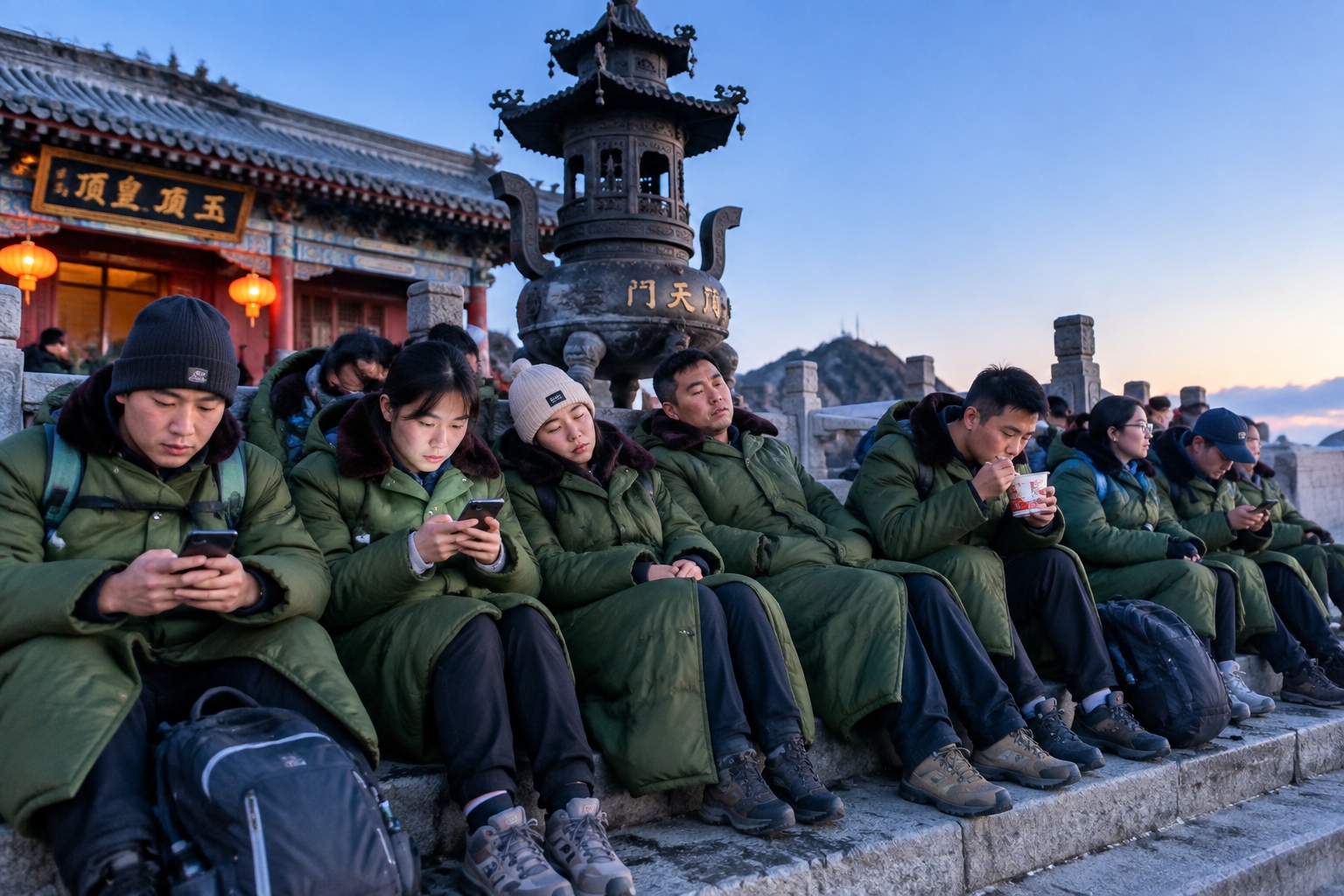 Hikers wrapped in rented dark green padded coats resting in a temple courtyard near the summit of Mount Tai before sunrise
