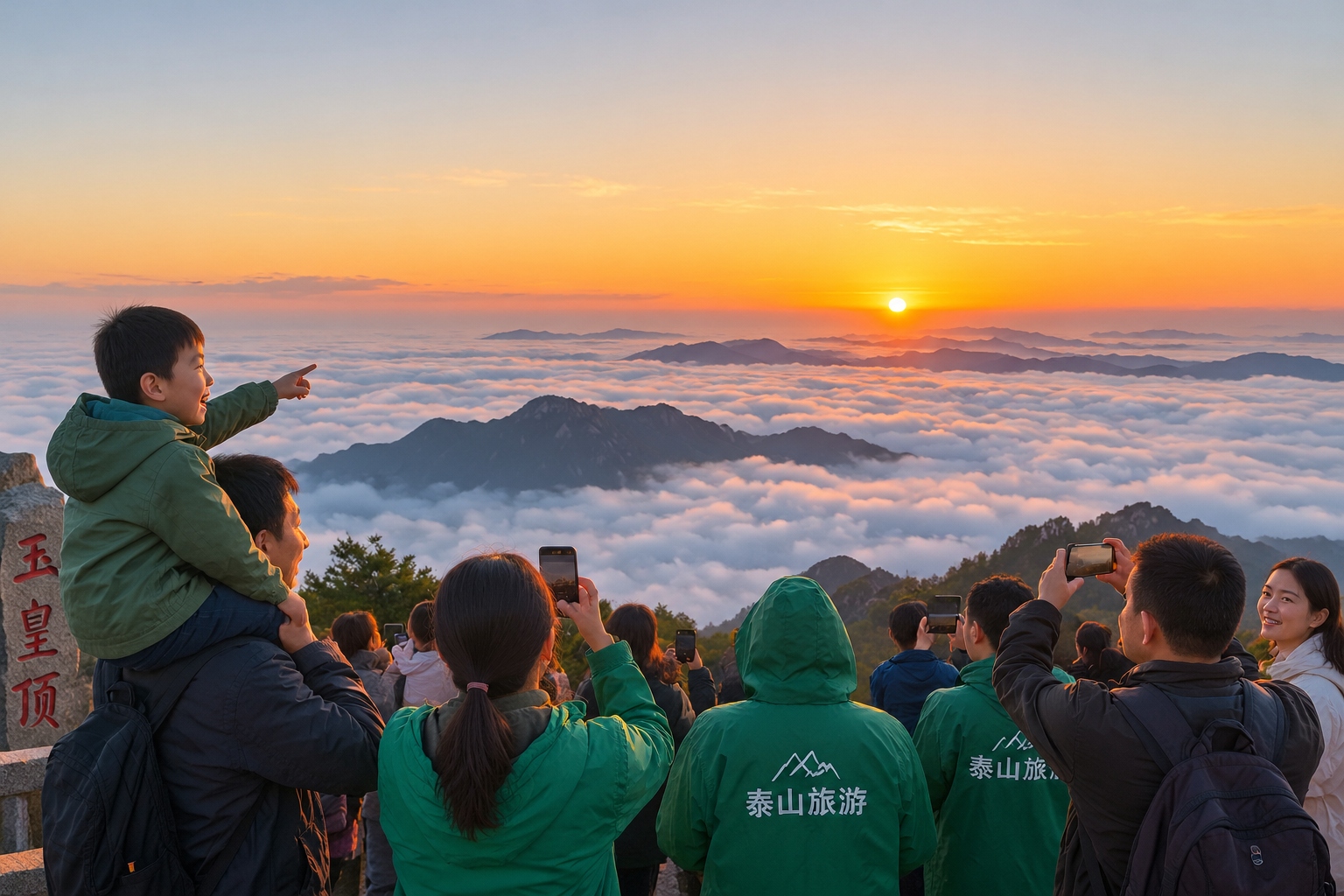 Crowd of visitors watching the sunrise over a sea of clouds from Jade Emperor Peak on Mount Tai in China