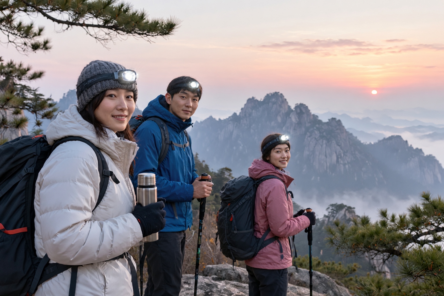 A small group of hikers in warm jackets waiting for sunrise on a rocky Huangshan viewpoint at dawn, headlamps still on and a thermos being passed around