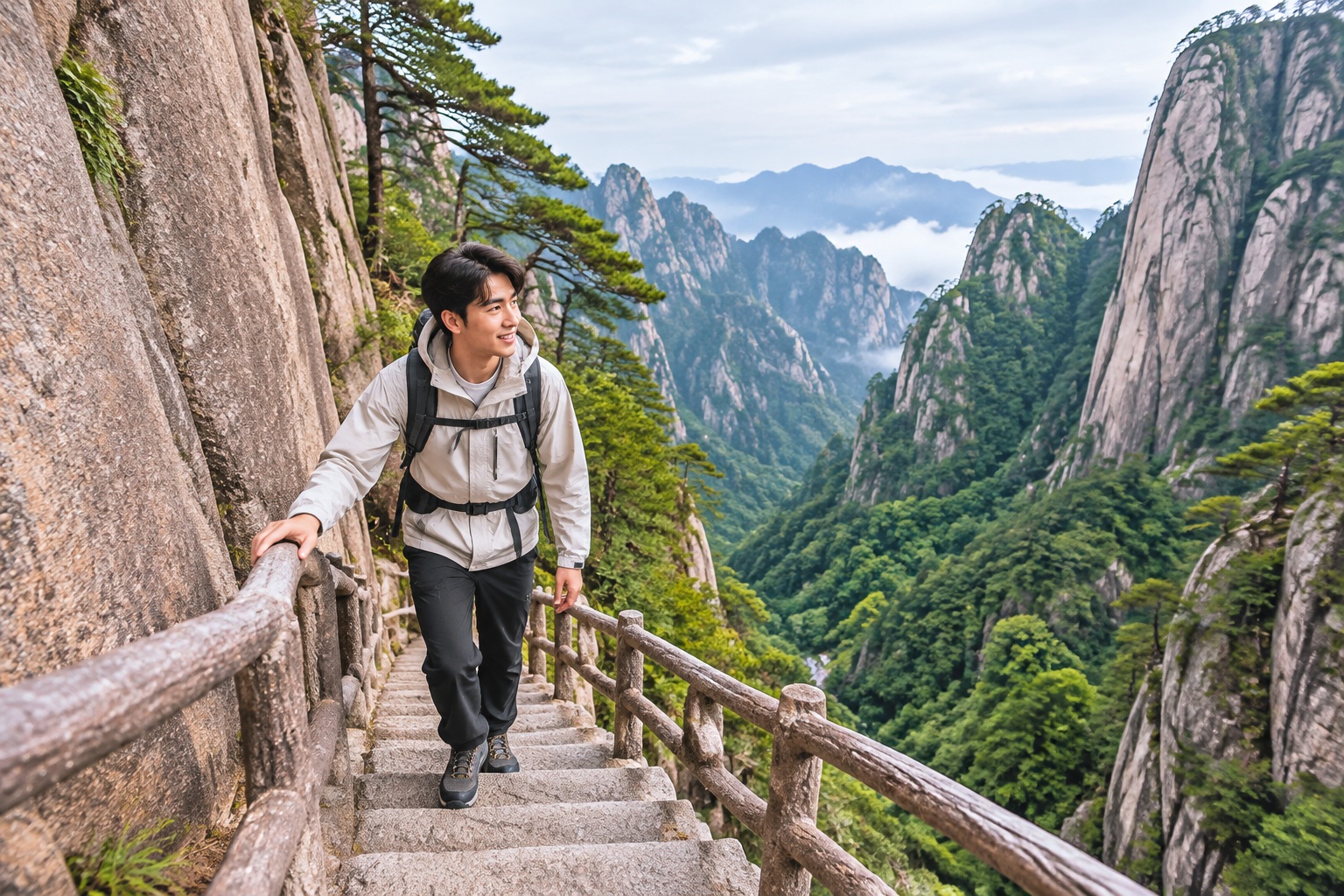 A lone hiker descending a steep stone staircase cut into a cliff face in the West Sea Grand Canyon on Huangshan, with a deep gorge below