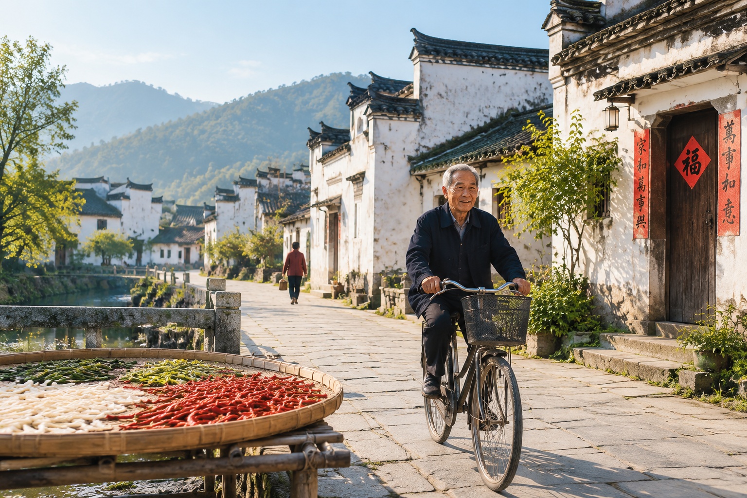 An elderly villager cycling past trays of vegetables drying in the sun on a stone-paved street in a white-walled Huizhou village near Huangshan