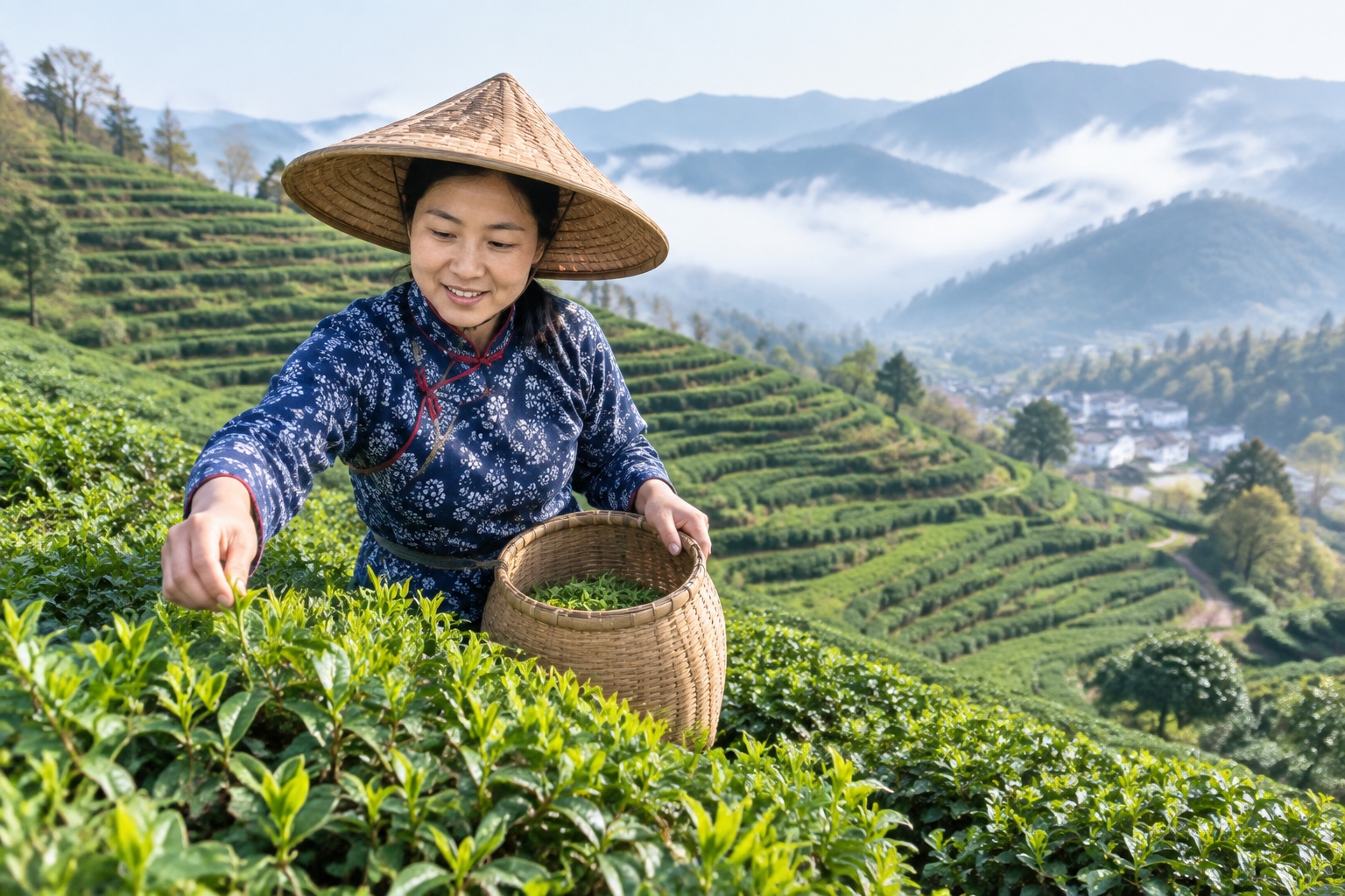 A farmer in a straw hat picking Taiping Houkui tea leaves into a bamboo basket on terraced hillside fields near Houkeng, Anhui