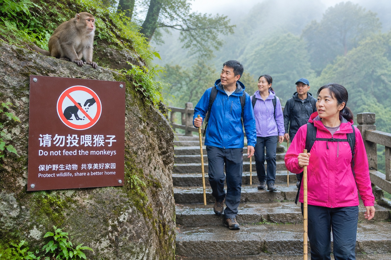 Do Mount Emei's Monkeys Really Steal Your Bag? I Tested It 22 Tourists walking past a bilingual warning sign about monkeys on a stone stairway in Mount Emei's monkey zone in Sichuan