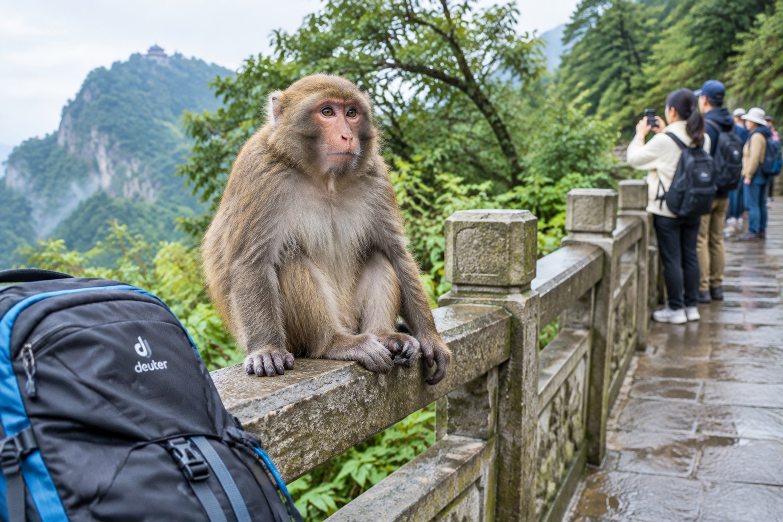 Do Mount Emei's Monkeys Really Steal Your Bag? I Tested It 23 A Tibetan macaque sitting on a stone railing beside a hiking trail and a zipped backpack on Mount Emei