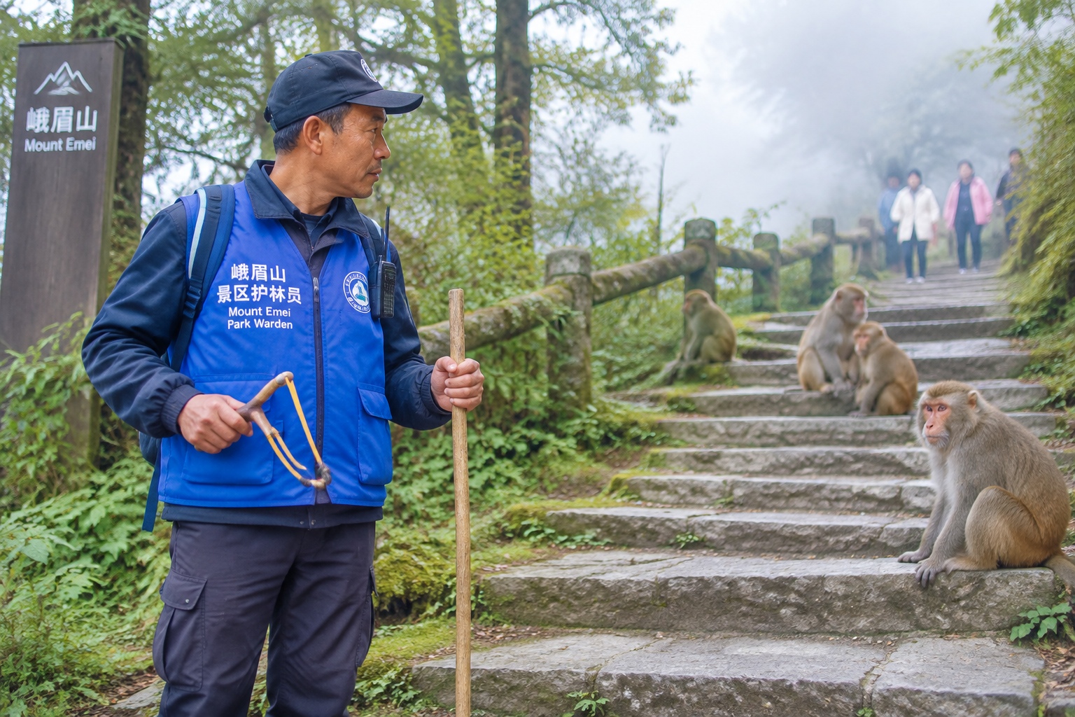 Do Mount Emei's Monkeys Really Steal Your Bag? I Tested It 24 A park warden in a blue vest with a slingshot keeping watch over macaques on a Mount Emei forest trail