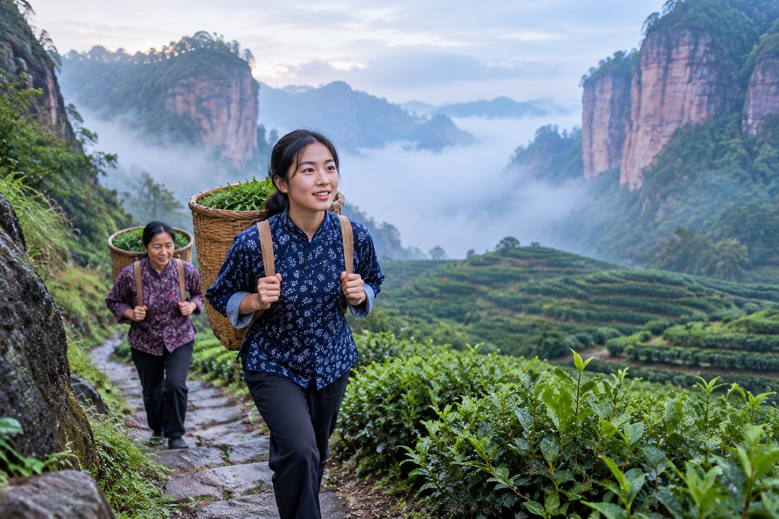 Two tea pickers carrying bamboo baskets up a stone path through morning fog toward terraced tea bushes between red sandstone cliffs in Wuyishan, China
