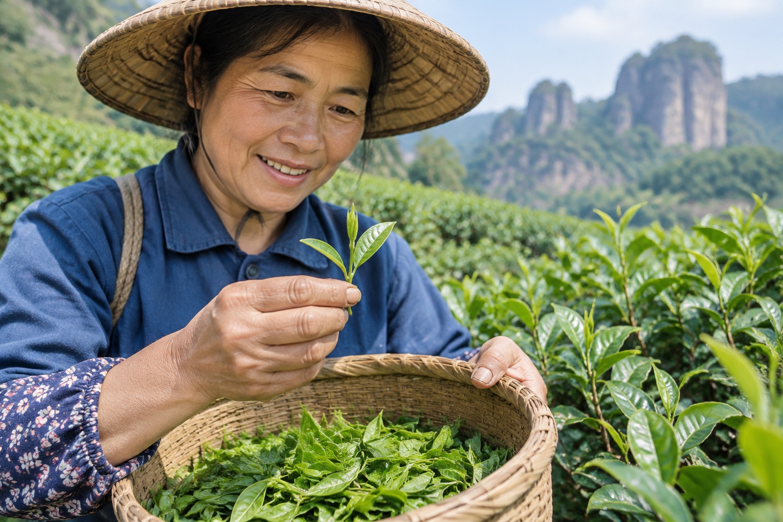 A tea picker's weathered hands holding freshly picked tea leaves, one bud and three leaves, above a bamboo basket in a Wuyishan tea garden