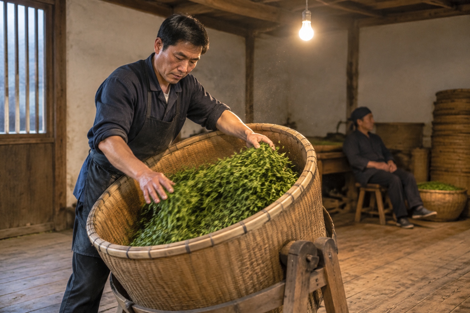 A tea maker turning fresh leaves in a woven bamboo drum under a bare bulb at night during the shaking stage of making Wuyi rock tea in China