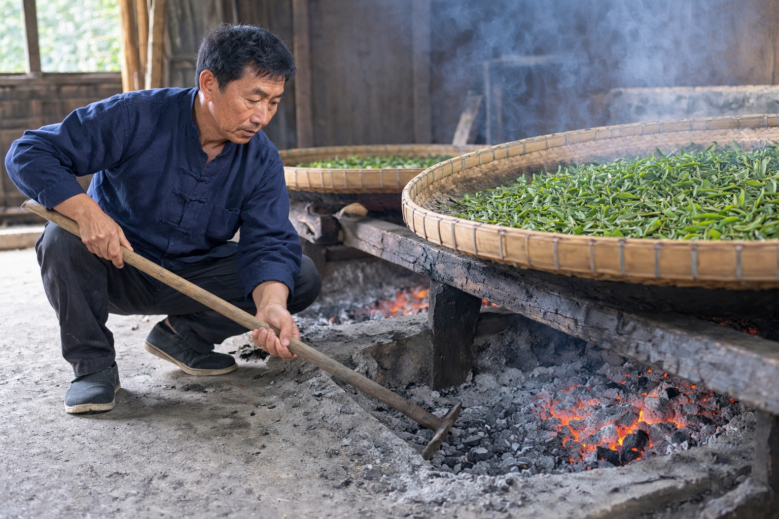 Bamboo roasting baskets on racks above ash-covered charcoal pits in a Wuyishan tea workshop, with a roaster raking ash to control the temperature