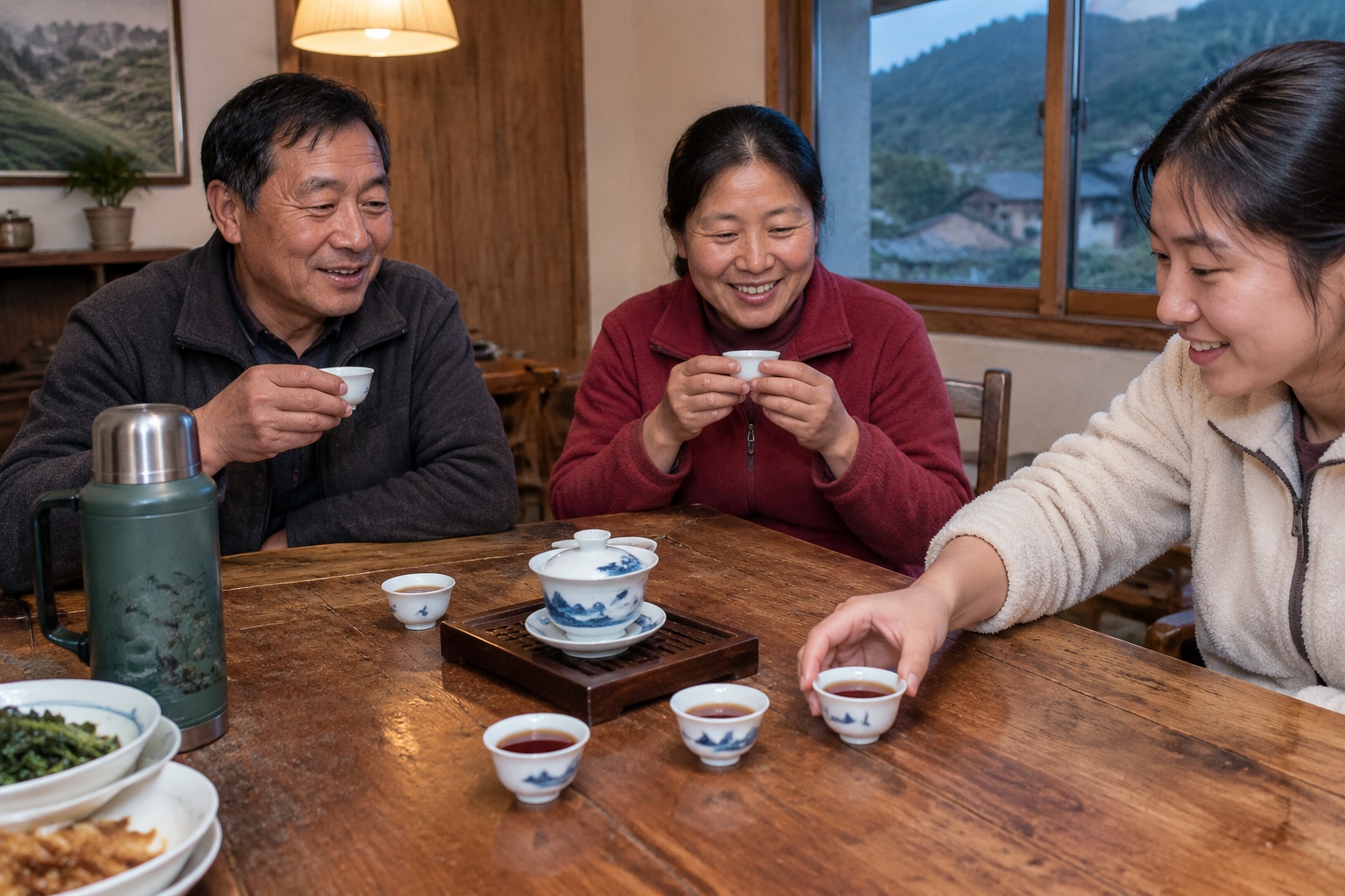 A gaiwan and tiny cups of dark roasted oolong on a wooden table at night in a Wuyishan tea farmer's home, with dinner plates and a thermos nearby