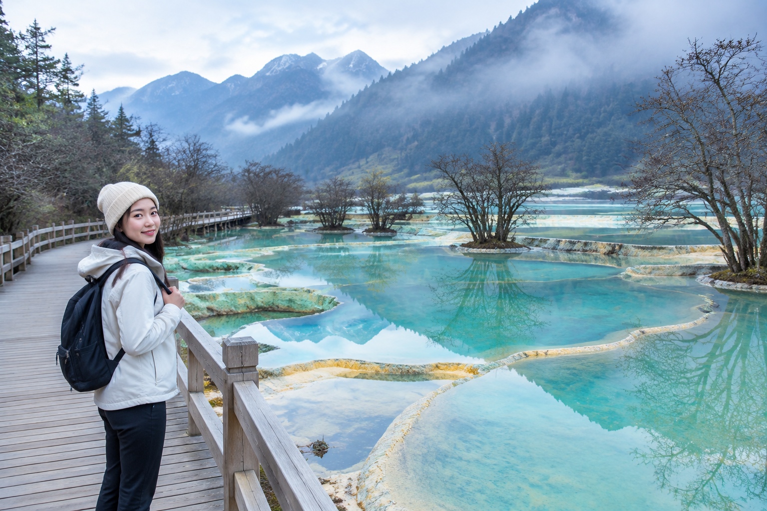 Empty wooden boardwalk beside turquoise travertine pools at Huanglong, Sichuan, in early morning mist